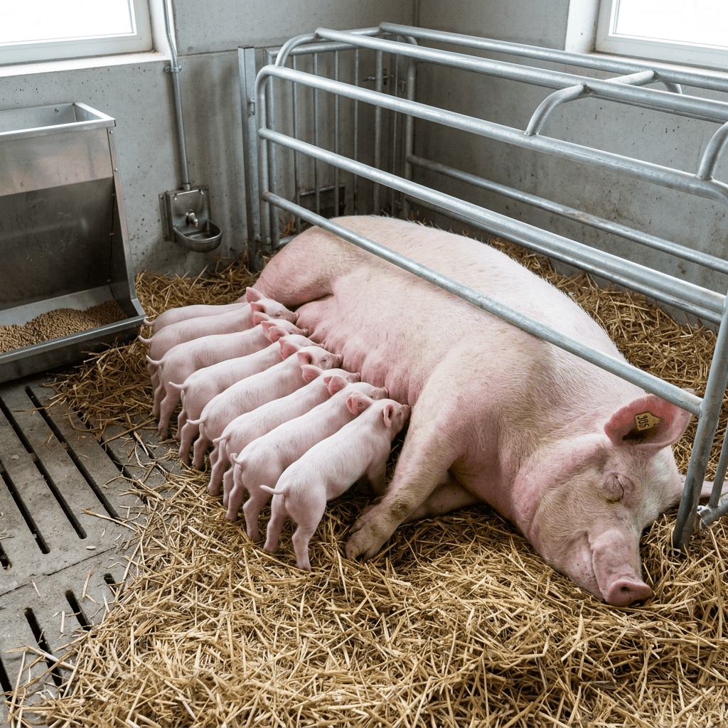 Sow lying on straw inside a farrowing crate nursing piglets