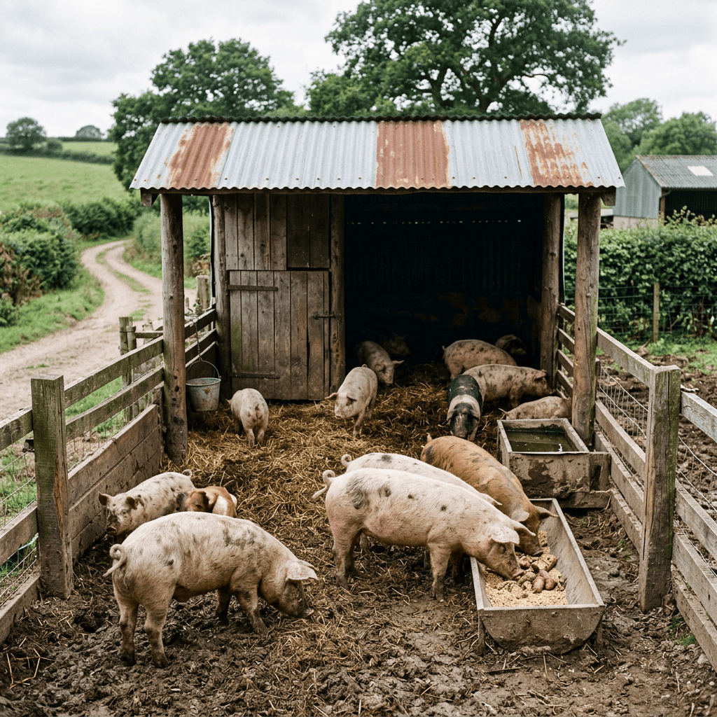 Multiple pigs eating and resting in a wooden fenced pig pen with a metal roof